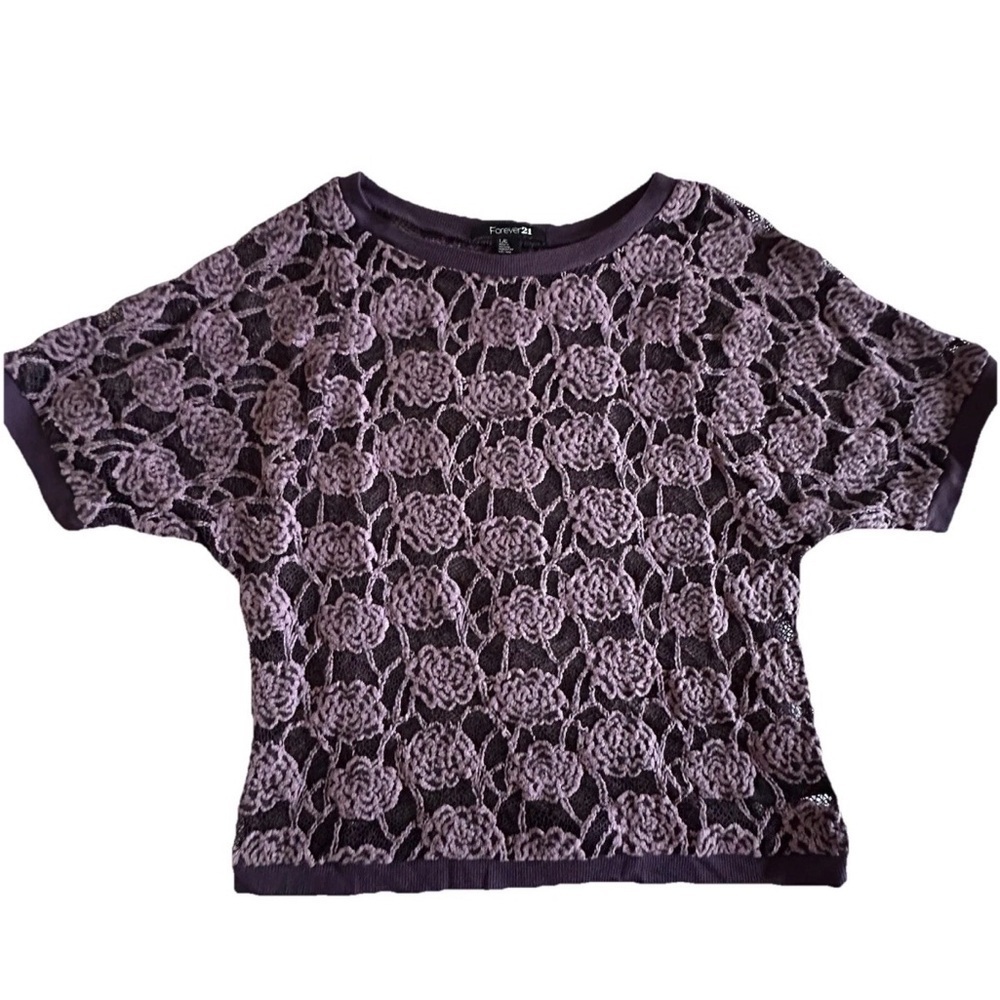 Forever 21 Womens Large Top Boho Crochet Mesh Floral Purple Batwing Coquette